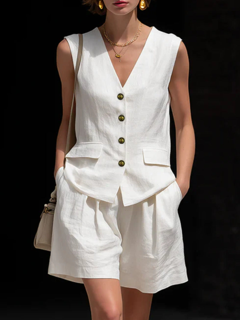 Womens Simple Elegant Cotton-Linen Vest Top And Shorts Two-Piece Set