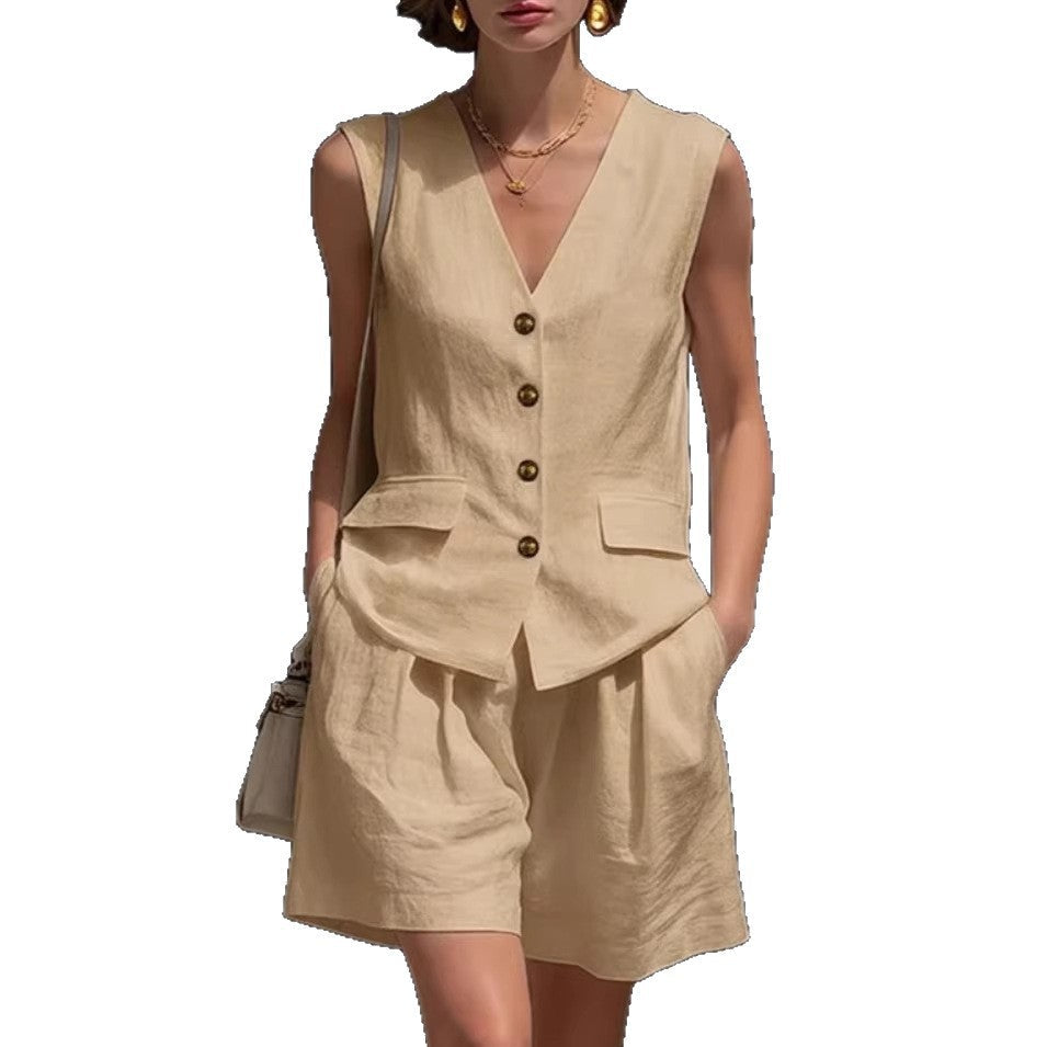 Womens Simple Elegant Cotton-Linen Vest Top And Shorts Two-Piece Set
