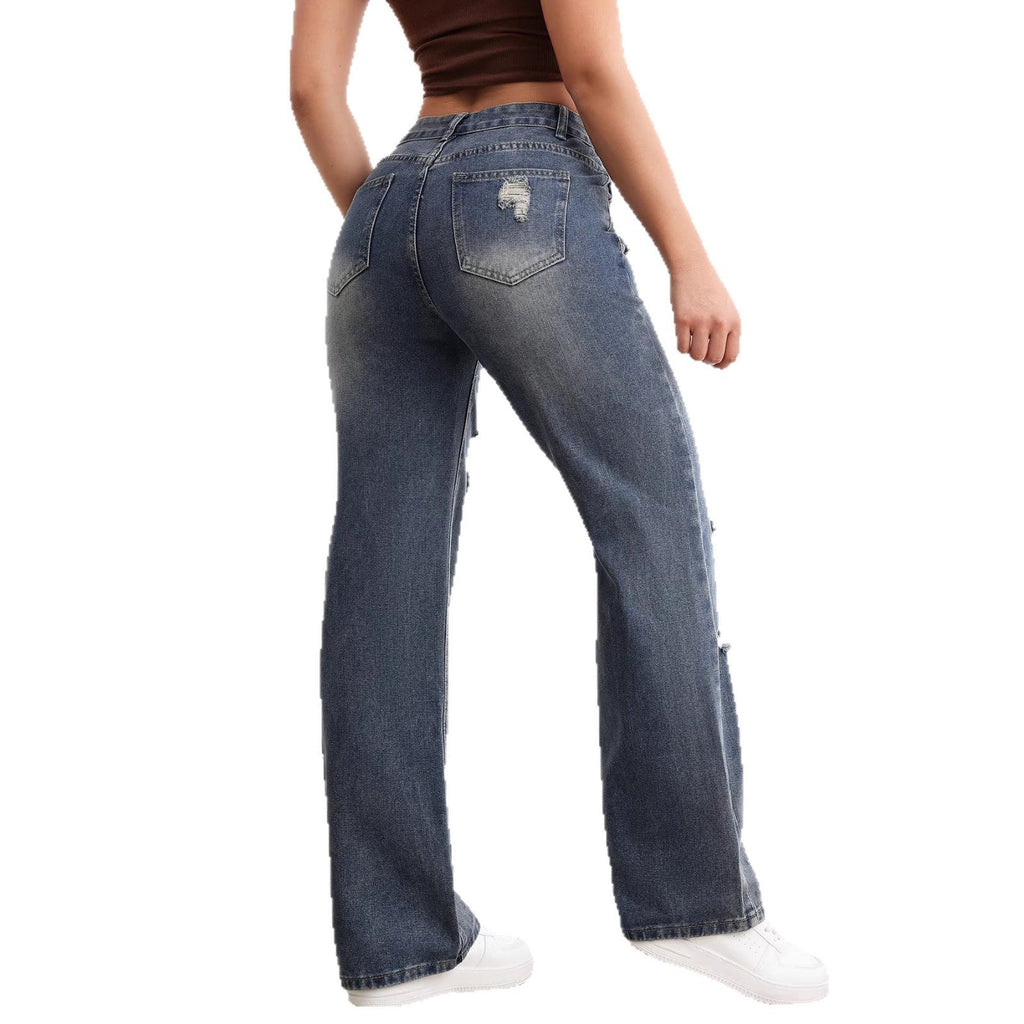 Womens High-waisted Straight-leg Ripped Jeans