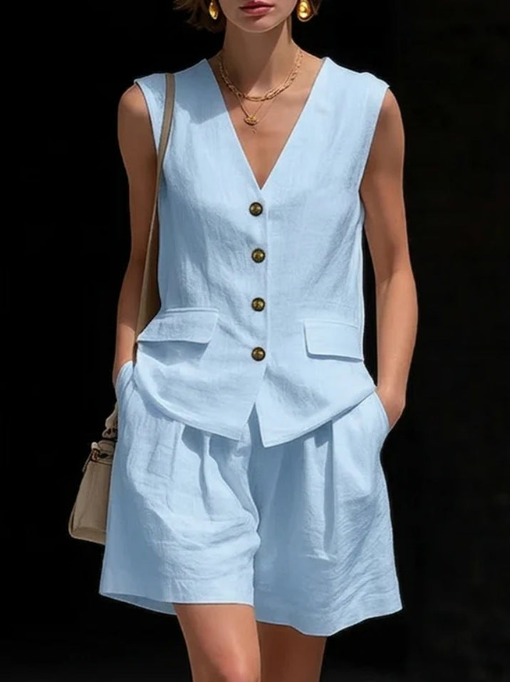 Womens Simple Elegant Cotton-Linen Vest Top And Shorts Two-Piece Set